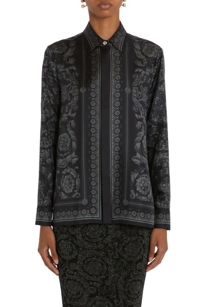 Versace Barocco Print Silk Twill Formal Shirt In Black