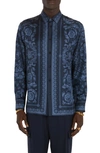 Versace All-over Barroco Print Silk Shirt In Navy Blue