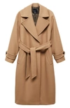 Mango Belted Wool Blend Coat In Medium Brown