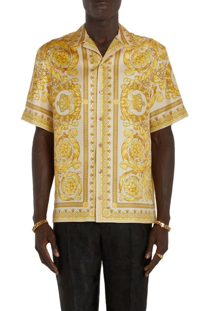 Versace Barocco-print Silk Shirt In Neutrals