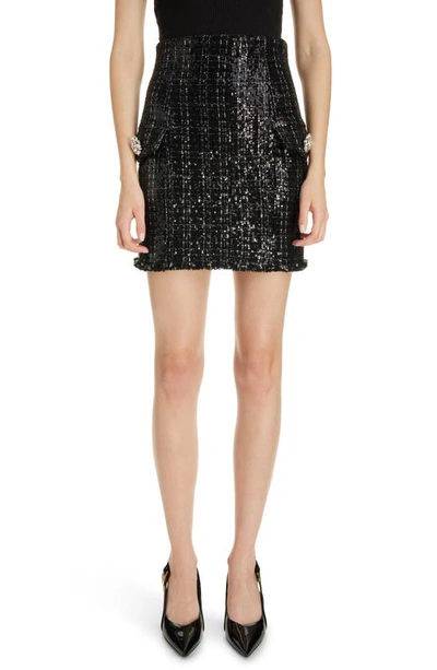 Balmain High Waisted Glittered Tweed Skirt In Black