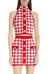 Balmain Cropped Button-embellished Gingham Knitted Top In Mef Red/ White