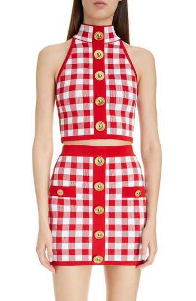 Balmain Gingham-check Pattern Zip-up Top In Red