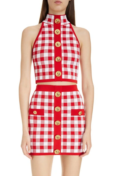 Balmain Cropped Button-embellished Gingham Knitted Top In Multi