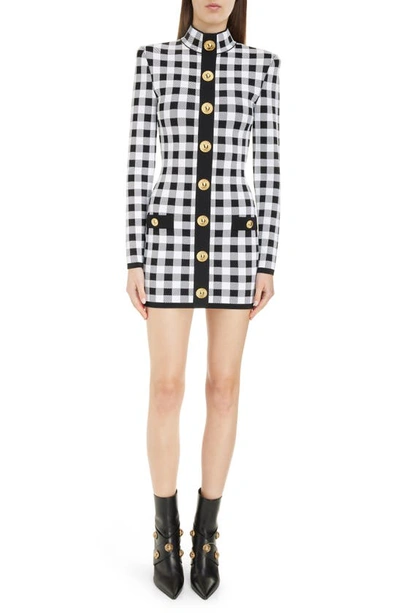 Balmain Button-embelllished Gingham Jacquard-knit Mini Dress In White