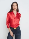L Agence Dani Three-quarter Sleeve Silk Button-up Shirt In Red Allover Chain
