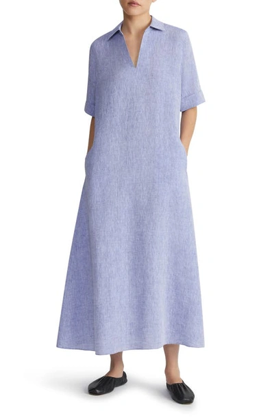 Lafayette 148 Heathered Elbow-sleeve Linen Midi Dress In Lapis Blue Melange