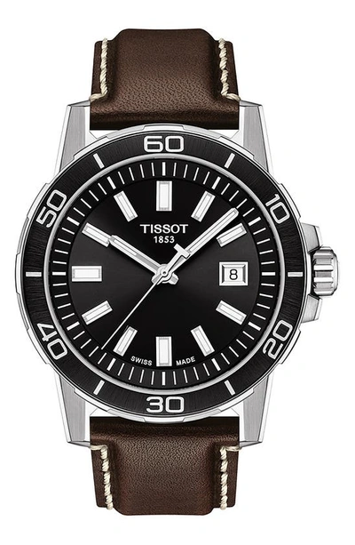 Tissot Men's Swiss Supersport Brown Leather Strap Watch 44mm In Black