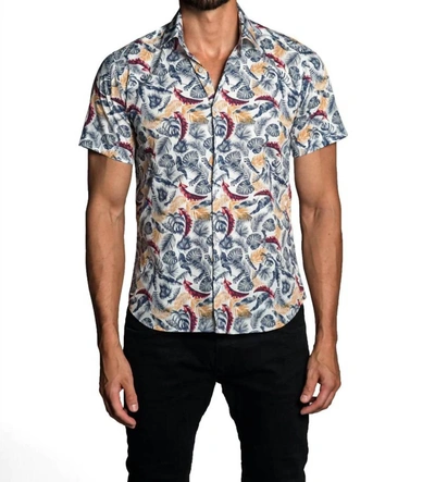 Jared Lang Leaf Print Short Sleeve Button Down Shirt In White