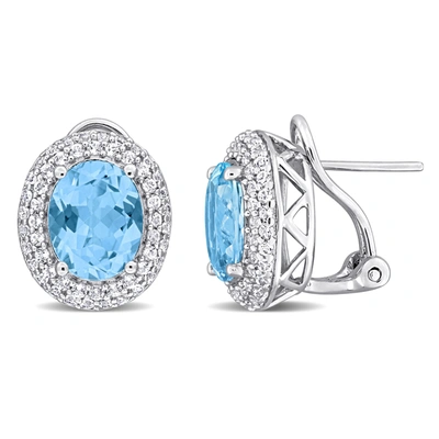 Mimi & Max 8 5/8ct Tgw Oval-cut Sky Blue And White Topaz Double Halo Leverback Earrings In Sterling Silver