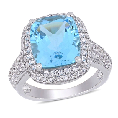 Mimi & Max 7 1/4ct Tgw Cushion Cut Blue Topaz And Created White Sapphire Double Halo Ring In Sterling Silver