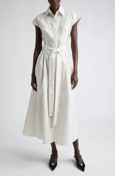 Adam Lippes Dejeuner Striped Shirtdress With Tie Belt In Blacki/vory