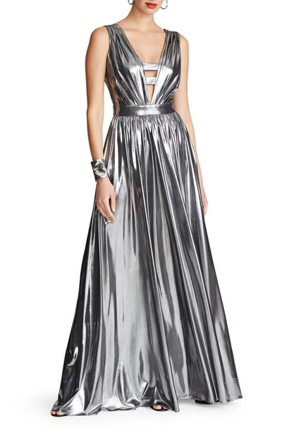 Halston Titania Sleeveless Cutout Foiled Jersey Gown In Luster