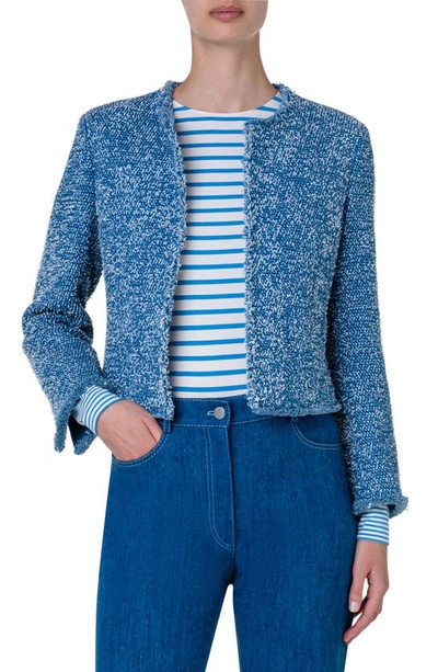 Akris Punto Fringe Denim Tweed Boxy Cropped Jacket In Medium Blue Denim