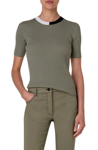Akris Punto Ribbed Knit Wool Top With Colorblock Collar In Sage Cream