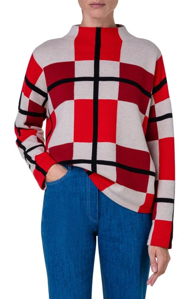 Akris Punto Xl Cube Check Funnel-neck Wool-cashmere Jumper In Red-multicolor