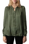Zadig & Voltaire Tchin Satin-finish Ruched-detailed Shirt In Green