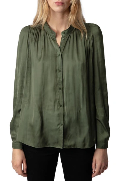 Zadig & Voltaire Tchin Satin-finish Ruched-detailed Shirt In Green