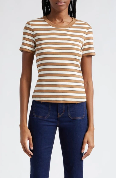 Veronica Beard Draya Button-embellished Striped Stretch Cotton-jersey T-shirt In Camel Multi