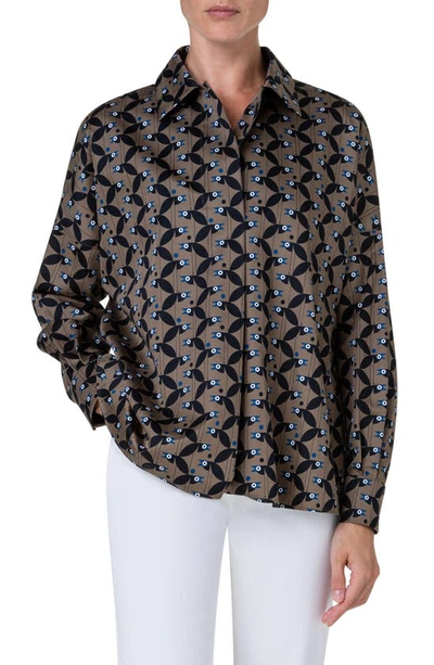 AKRIS PUNTO ABSTRACT BIRD PRINT COTTON SATEEN BUTTON-UP SHIRT