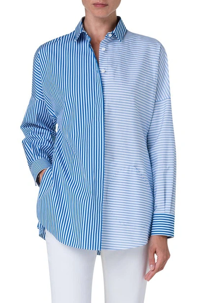 Akris Punto Cotton Popeline Colourblock Kodak-striped Blouse In Ink Sky Cream