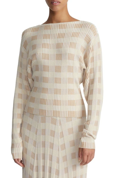 Lafayette 148 Ribbed Check-print Dolman-sleeve Sweater In Dune