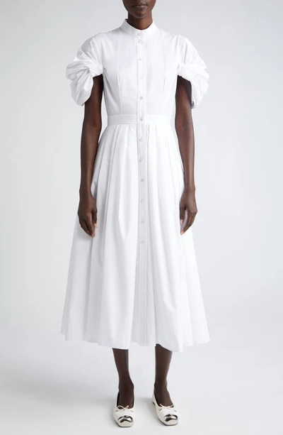 Alexander Mcqueen Ruched Puff-sleeve Button-front Midi Dress In Optical White
