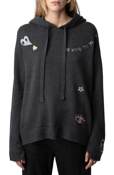 Zadig & Voltaire Marky Embroidered-motif Cashmere Hoodie In Kaki_slate