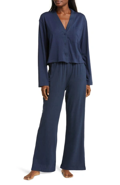 Lunya Women's Slumberknit Long Sleeve Shirt & Pants Pajama Set In Deep Blue