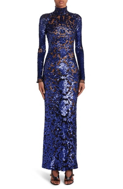 Tom Ford Snake Sequin Embellished Fishnet Dress In Blue