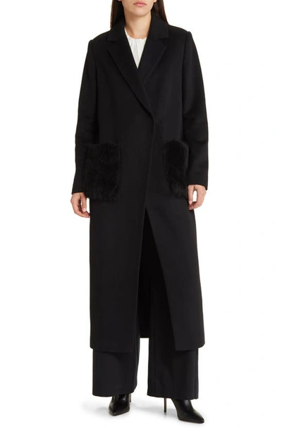 Kobi Halperin Channing Genuine Shearling Trim Wool Blend Coat In Black