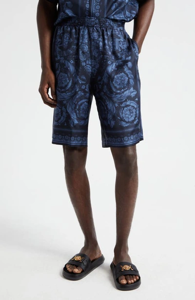 Versace Barocco Kids Silk Shorts In Navy Blue