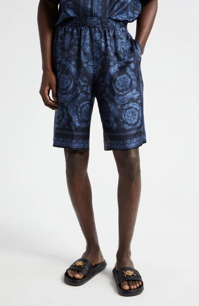 Versace Navy Barocco Shorts In Multi