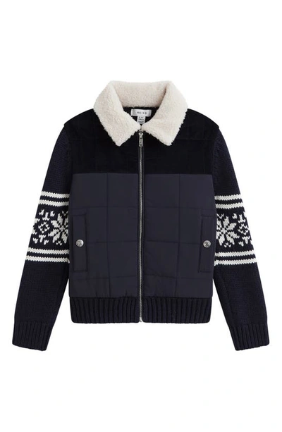Reiss Boys Navy Kids Alpine Fair-isle Quilted Knitted Coat 3-14 Years