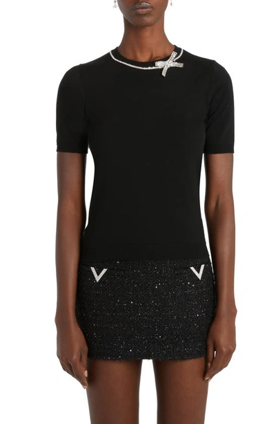 Valentino Crystal Bow Short Sleeve Virgin Wool Crewneck Sweater In Black