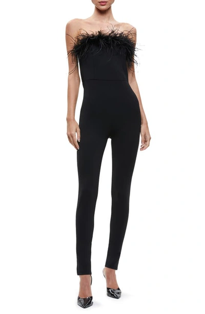 Alice And Olivia Idell Feather Trimmed Strapless Jumpsuit In Black