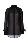 Pinko 'circe' Black Semi-sheer Shirt With Feathers On Cuffs In Viscose Woman In Black