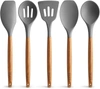 Zulay Kitchen Non-stick Silicone Cooking Utensils Set With Authentic Acacia Wood Handles (5 Piece) In Grey