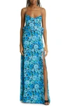 Rotate Birger Christensen Draped Floral-print Crepe De Chine Maxi Dress In Ibiza Blue Comb.