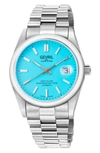 GEVRIL AUTOMATIC WEST VILLAGE LIGHT BLUE AQUA DIAL STAINLESS STEEL BRACELET WATCH, 40MM