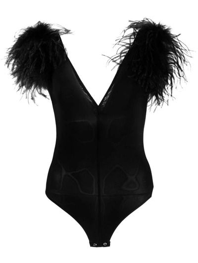 Pinko Feather-trim V-neck Bodysuit In Limo Black