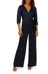 ADRIANNA PAPELL BELTED WIDE LEG SATIN CREPE JUMPSUIT