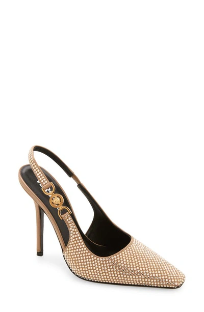 Versace Crystal Slingback Pump In Camel/ Gold