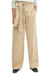 Mango Belted Paperbag Waist Wide Leg Trousers In Beige