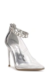 Jessica Simpson Samiyah Embellished Ankle Strap Pointed Toe Pump In Clear,silver Faux Leather