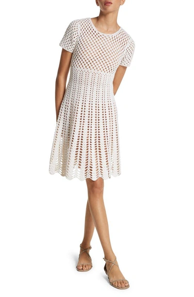 Michael Kors Cashmere Crochet-knit Short-sleeve Mini Dress In Optic Whit
