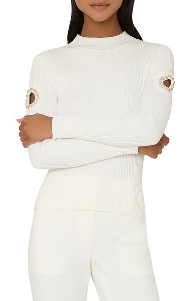 Milly Ribbed Mock-neck Cutout Pullover In Ecru