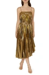 Shop Milly Irene Pleated Asymmetric Hem Midi Dress In Gold