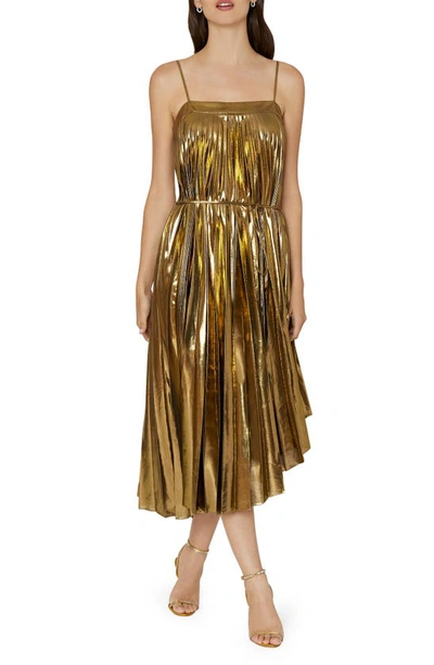 Milly Irene Pleated Metallic High-low Midi Dress In Gold