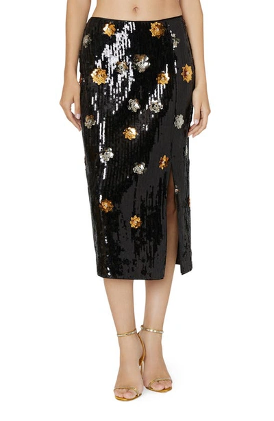 Milly Women's Sequined Floral Midi-skirt In Black Multi